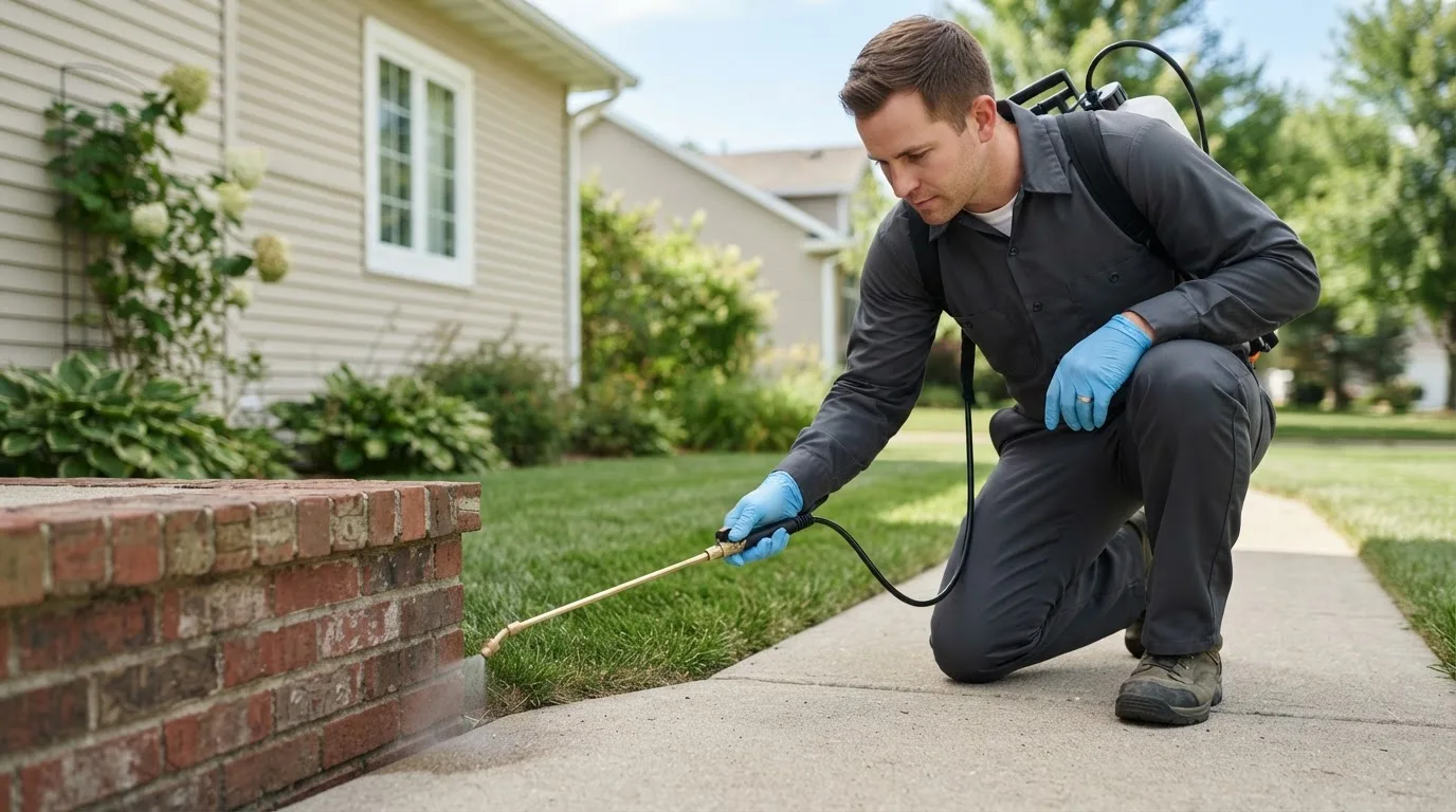 Pest control technician treating a home near Holbrook, MA